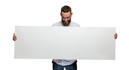 Hipster man holding a poster with blank space for your text.
