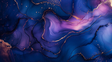 Elegant blue and purple alcohol ink painting abstract background. Dramatic fluid art background with gold streaks