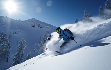 Skier jumping in the snow mountains on the slope with his ski and professional equipment on a sunny day