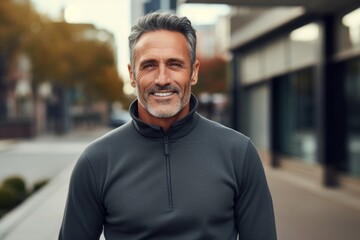 Fototapeta premium Portrait of a glad man in his 40s wearing a thermal fleece pullover against a pastel teal background. AI Generation