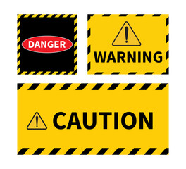 Warning sign on white background. Caution sign. Black and yellow line striped. Vector illustration