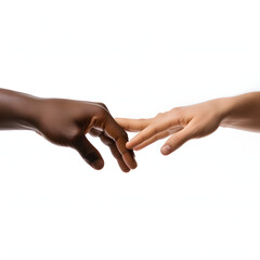 Two hands reaching towards each other, symbolizing a personal connection isolated on white background, detailed, png
