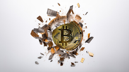 Bitcoin explosion, Bitcoin symbol is seen breaking free from white isolated wall, with golden and silver pieces surrounding it.