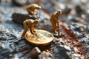 the Bitcoin symbol is on the ground, with three figures working on it.