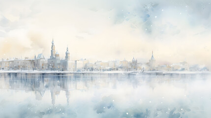 Watercolor illustration with snowy cityscape
​