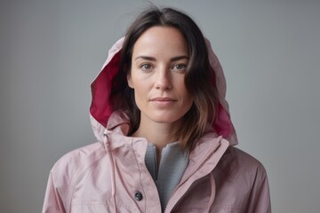 Portrait of a content woman in her 30s wearing a lightweight packable anorak against a pastel gray background. AI Generation