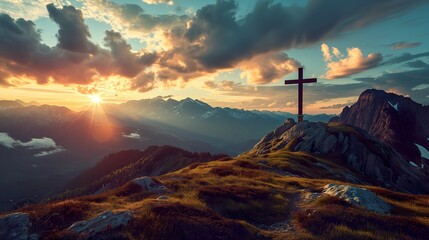 Beautiful sunset landscape background with crosses between mountains. - obrazy, fototapety, plakaty
