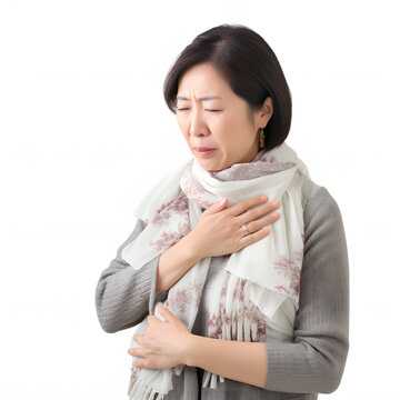 Middle-aged asian woman coughing into a handkerchief isolated on white background, photo, png

