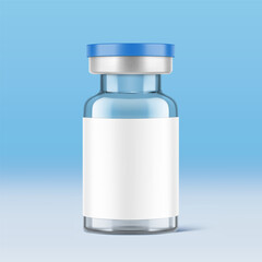 Transparent glass bottles for injections mockup. Vector illustration on blue background. Can be use for medicine, cosmetic and other. Ready for your design. EPS10.