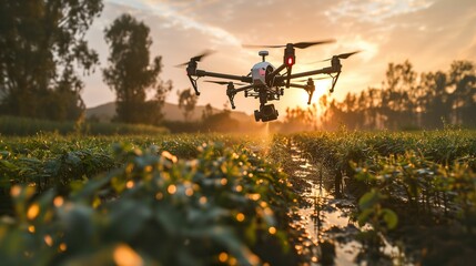 future farmer tools, flying drone spraying pesticides on wet agriculture field - obrazy, fototapety, plakaty