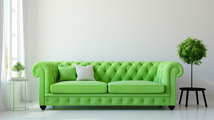 green sofa in white living room interior