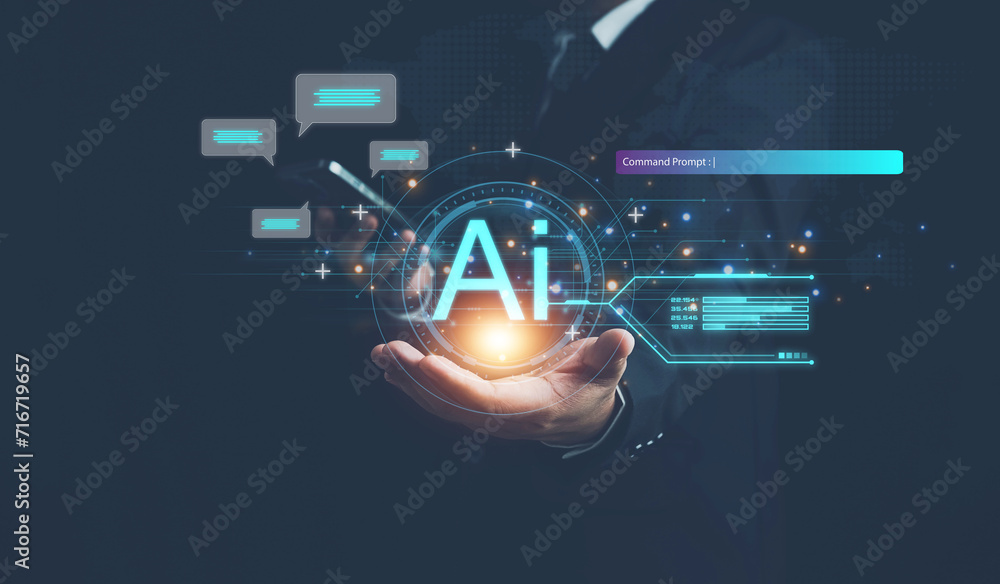 Poster ai technology,businessman show virtual graphic global internet connect chat with ai, chat bot, artif