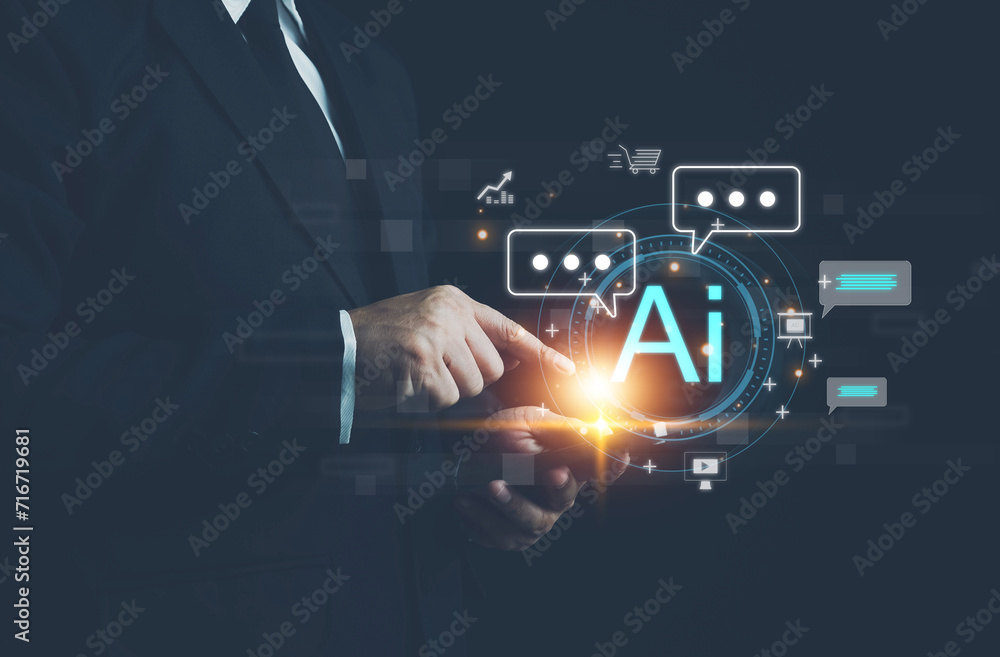 Poster ai technology,businessman show virtual graphic global internet connect chat with ai, chat bot, artif