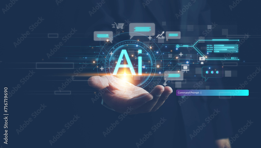 Poster ai technology,businessman show virtual graphic global internet connect chat with ai, chat bot, artif