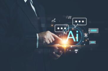 Ai technology,businessman show virtual graphic Global Internet connect Chat with AI, Chat bot,...