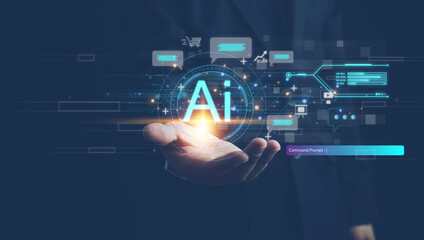 Ai technology,businessman show virtual graphic Global Internet connect Chat with AI, Chat bot,...