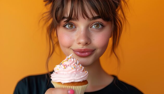 Attractive influencer girl, white American 21 years old, brown eyes, short messy brunette bangs, attractive cute face holding a frosted and sparkles topped cup cake, orange background.