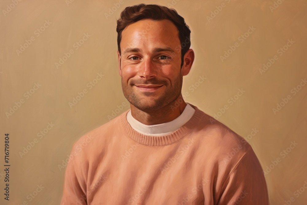 Wall mural Portrait of a grinning man in his 30s dressed in a warm wool sweater against a pastel brown background. AI Generation