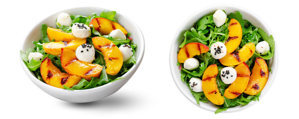 Grilled Peach Salad with Arugula and Mozzarella Cheese Pearls on White Isolated