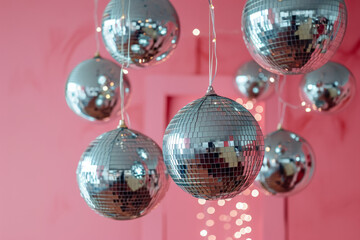 Shiny disco balls hanging on a pink background,. Generative AI