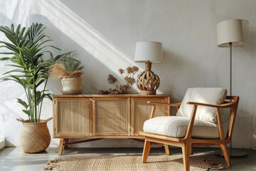 Rattan armchair and floor lamp in living room interior with plants. Generative AI