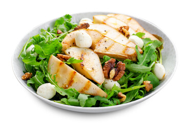 Grilled Pear Salad, Fresh Salad with Pear, Arugula, Mozzarella Pearls, Walnuts and Honey Dressing on White Isolated