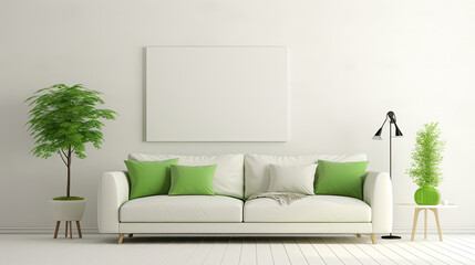 green sofa in white living room interior for mockup