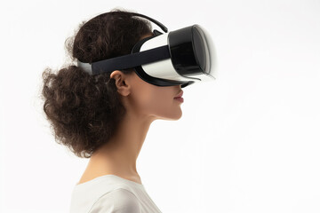 Naklejka premium women wearing VR headset, side view 