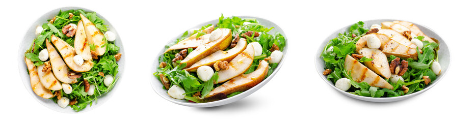 Grilled Pear Salad, Fresh Salad with Pear, Arugula, Mozzarella Pearls, Walnuts and Honey Dressing on White Isolated