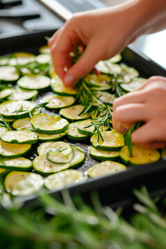 Homemade Nutritious Zucchini Courgette Casserole: Fresh, Healthy, and Seasoned with Rosemary.