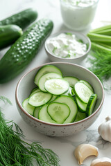 Top-View of Fresh Ingredients for Homemade Cucumber Tzatziki Salad: Fresh and Healthy Vegetarian Delight.