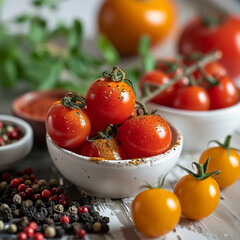 Red and Yellow Raw Cherry Tomatoes and Colorful Pepper in White Bowls on a White Table.