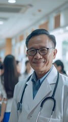 A middle-aged asian male doctor smiles against the background of a busy hospital atmosphere, generative AI