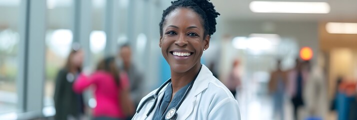 A middle-aged black female doctor smiles against the background of a busy hospital atmosphere, generative AI