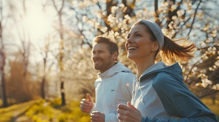 Close-up portrait of happy white couple jogging together among the spring trees, generative AI - obrazy, fototapety, plakaty