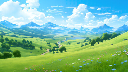 Fototapeta na wymiar wonderful swiss alps inspired landscape, anime style