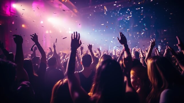 Crowd raising hands at a music festival. Disco party with a dj and confetti.