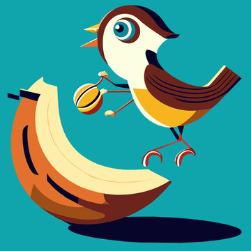 recommend clip art: Titmouse on banana. Vector illustration in flat cartoon style. Generative AI