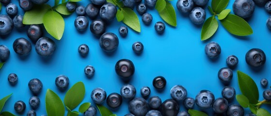 Blueberry background. Top view photo of blueberries and green leafs. Blueberry pattern for wallpaper