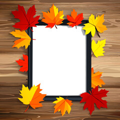 Autumn leaves and photo frame on wooden background. Vector illustration. AI generated