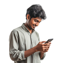 young poor South Asian guy feeling happy looking at his smartphone on isolated background