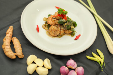 Closeup view of prawns with super spicy green chili sauce. Indonesia food. Delicious food.
