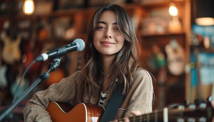 Young woman singer performing at music guitar store, attractive cute face, fun smile expression.
