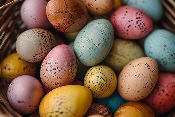 Fototapeta na wymiar Speckled Easter Eggs in a Rustic Basket