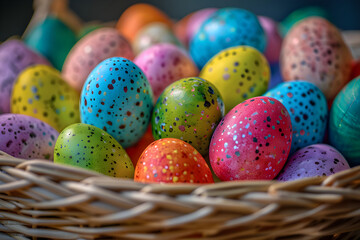 Fototapeta na wymiar Artfully Decorated Easter Eggs in Wicker Basket