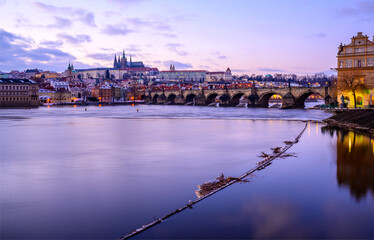 Prague, Prague Castle, Charles Bridge, Vltava River, monuments, architecture, history, winter, snow, boats, harbor, pier