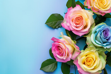 Obraz premium A lot of beautiful bright multi-colored roses of different colors. Colorful roses. pastel flowers, roses. Bunch of colorful roses. Beautiful bouquet of roses in variety of colors. Seasonal flower card