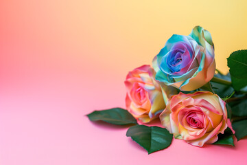 Fototapeta premium A lot of beautiful bright multi-colored roses of different colors. Colorful roses. pastel flowers, roses. Bunch of colorful roses. Beautiful bouquet of roses in variety of colors. Seasonal flower card