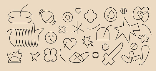 Fototapeta premium Trendy line elements Y2k. Light abstract design. Retro shape. Simple Doodle. zine aesthetic. Vectored shapes, retro vibes. 
