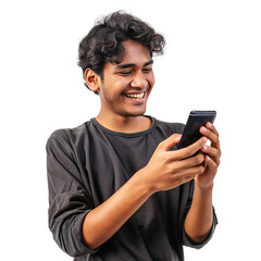 Fototapeta na wymiar Young Asian man looking excited while holding his phone, isolated transparent background